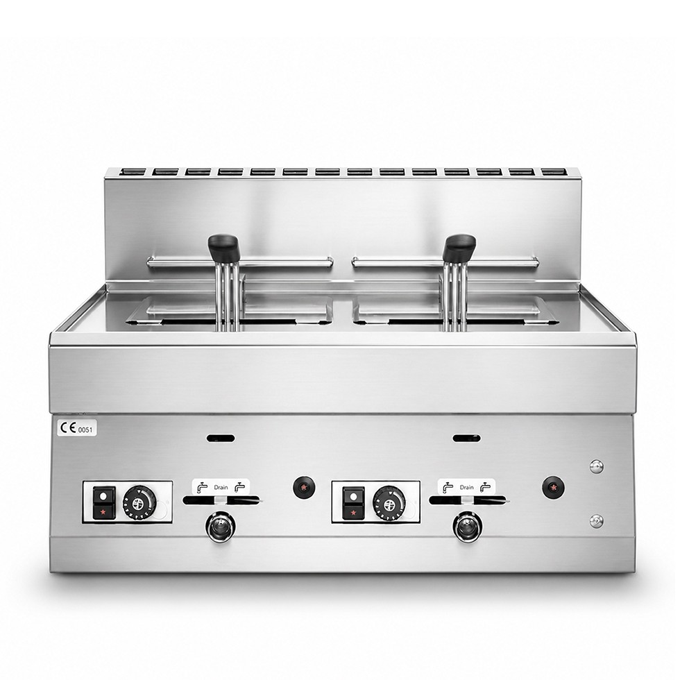 Freidora de sobremesa a gas con 2 cubetas, capacidad de 8 LT + 8 LT 12,6 kW