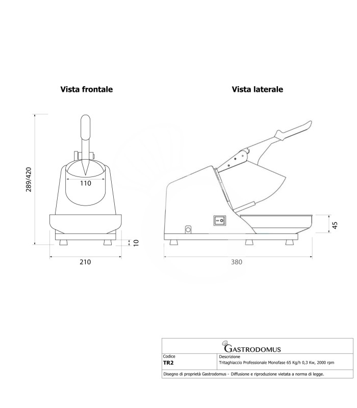 Trituradora de hielo profesional Monofásica 65 Kg/h 0,3 Kw