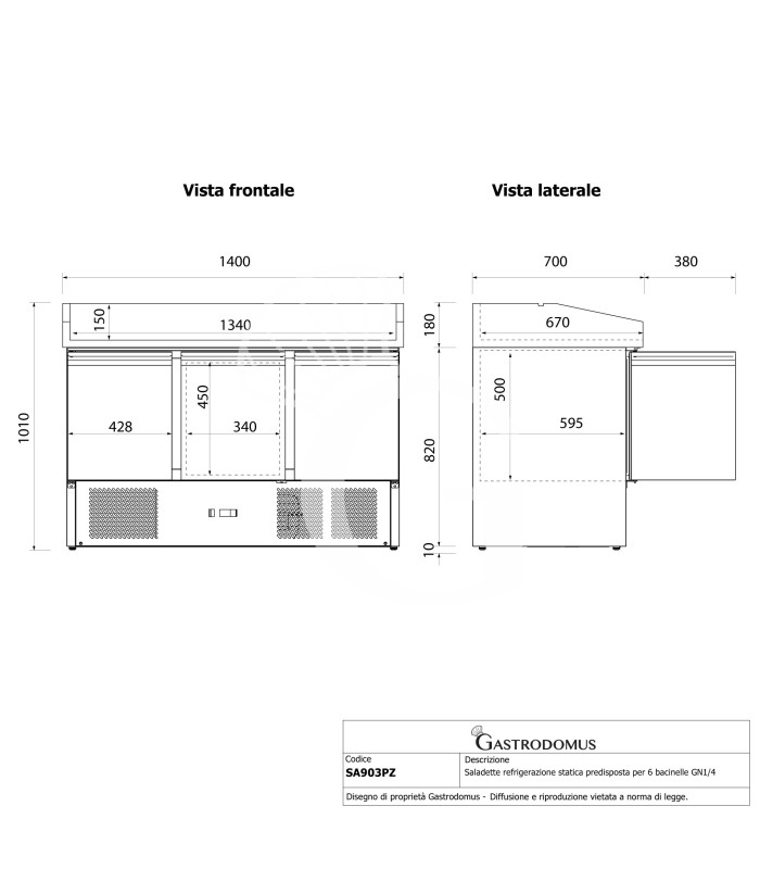 Mesa fría de refrigeración estática preparada para 6 cubetas GN 1/4 con 3 puertas