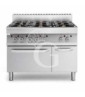 Cocina de gas profesional con 6 quemadores, armario, profundidad 650 mm