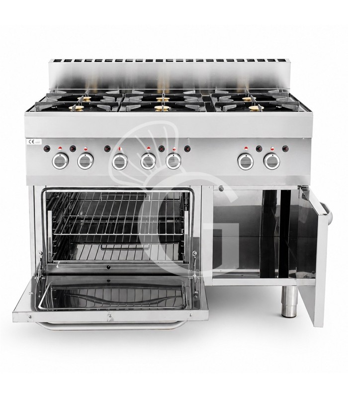 Cocina de gas profesional con 6 quemadores, armario, profundidad 650 mm