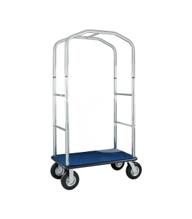 Carrito portamaletas en acero cromado y base de madera con moqueta azul