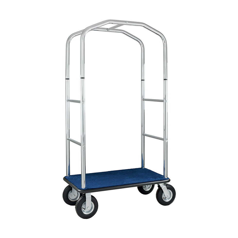 Carrito portamaletas en acero cromado y base de madera con moqueta azul