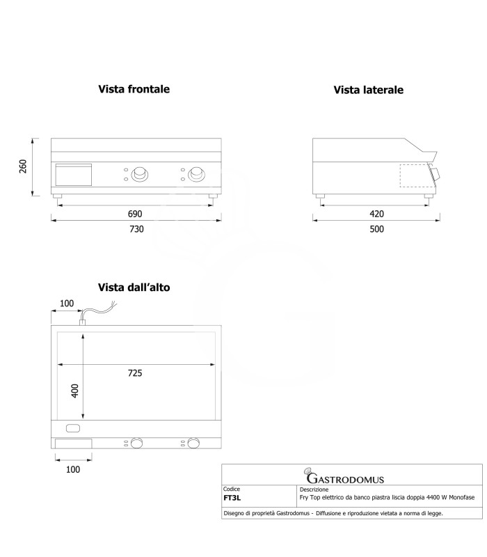 Fry top eléctrico de sobremesa, doble placa lisa 4400 W Monofásico