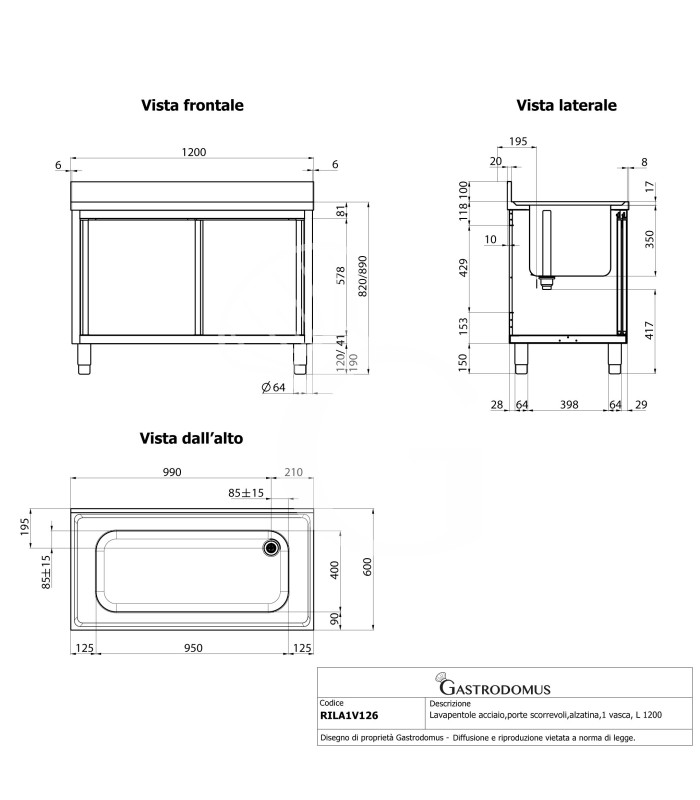 Fregadero para ollas con mueble inox 2 puertas correderas, peto, 1 cuba L 1200 mm x P 600 mm x A 950 mm