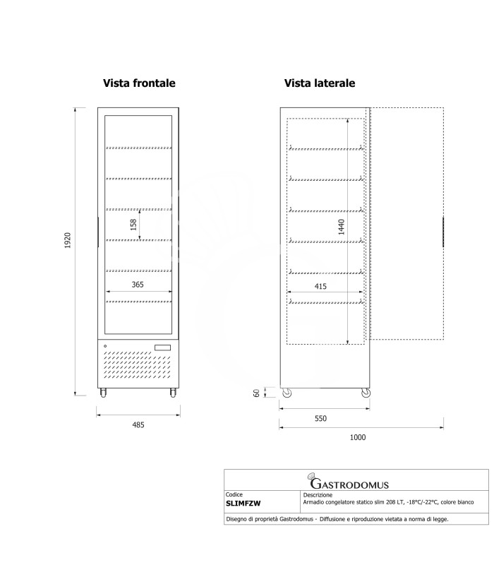 Armario congelador estático slim con puerta de cristal, 208 L, –18/–22 °C, color blanco