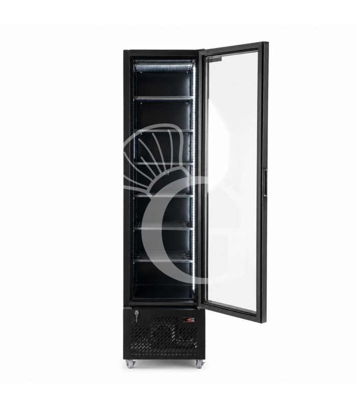Armario congelador estático slim con puerta de cristal, 208 L, –18/–22 °C, color negro
