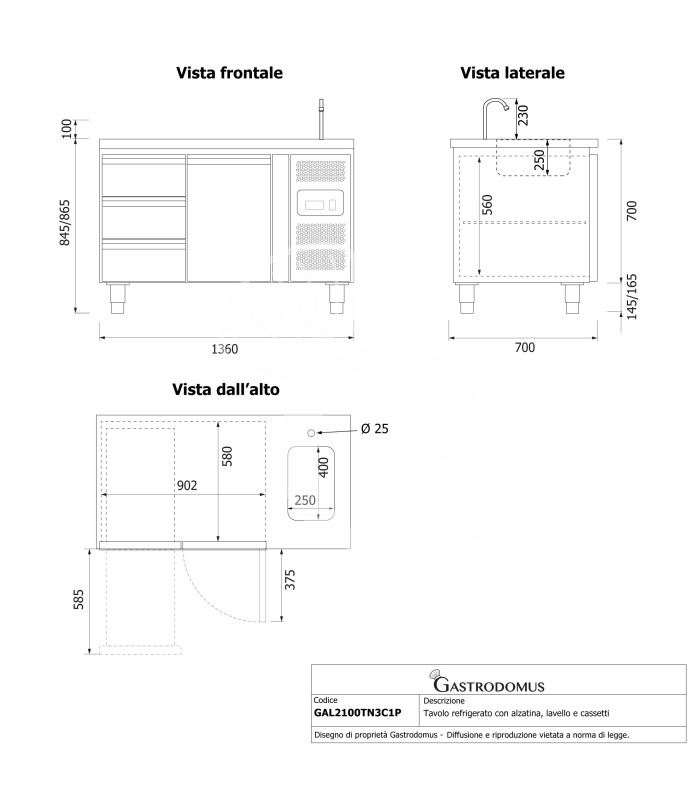 Mesa refrigerada 3 cajones 1 puerta con fregadero, prof 700 mm, Temp. +2ºC/+8ºC, grifo incluido