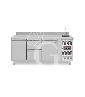 Mesa refrigerada 2 cajones 2 puertas con fregadero y peto , Prof.700 mm, Temp. +2ºC/+8ºC, grufo incluido