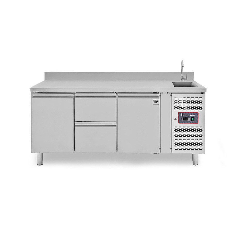 Mesa refrigerada 2 cajones 2 puertas con fregadero y peto , Prof.700 mm, Temp. +2ºC/+8ºC, grufo incluido