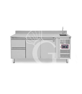 Mesa refrigerada 2 cajones 2 puertas con fregadero y peto , Prof. 700 mm, Temp, +2ºC/+8ºCm grifo incluido