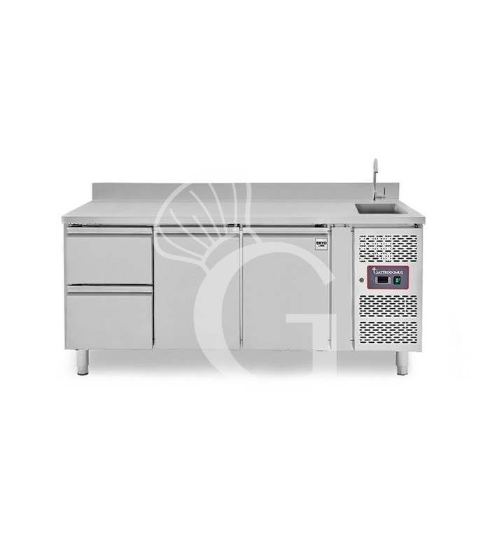 Mesa refrigerada 2 cajones 2 puertas con fregadero y peto , Prof. 700 mm, Temp, +2ºC/+8ºCm grifo incluido