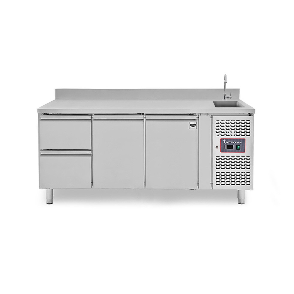 Mesa refrigerada 2 cajones 2 puertas con fregadero y peto , Prof. 700 mm, Temp, +2ºC/+8ºCm grifo incluido