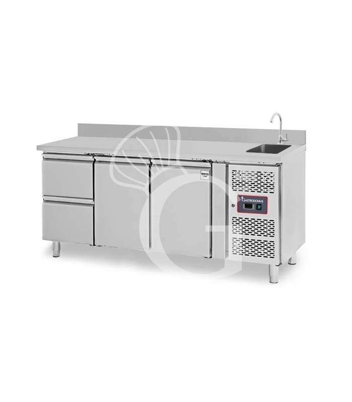 Mesa refrigerada 2 cajones 2 puertas con fregadero y peto , Prof. 700 mm, Temp, +2ºC/+8ºCm grifo incluido