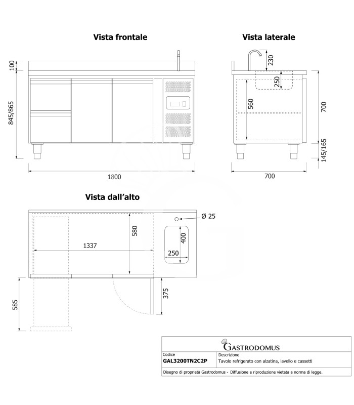 Mesa refrigerada 2 cajones 2 puertas con fregadero y peto , Prof. 700 mm, Temp, +2ºC/+8ºCm grifo incluido