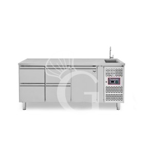 Mesa refrigerada 4 cajones 1 puerta con fregadero y peto , Prof.700 mm, Temp, +2ºC/+8ºC, grifo incluido