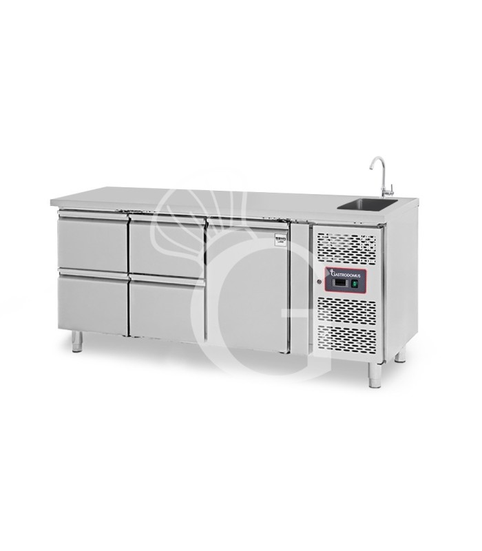 Mesa refrigerada 4 cajones 1 puerta con fregadero y peto , Prof.700 mm, Temp, +2ºC/+8ºC, grifo incluido