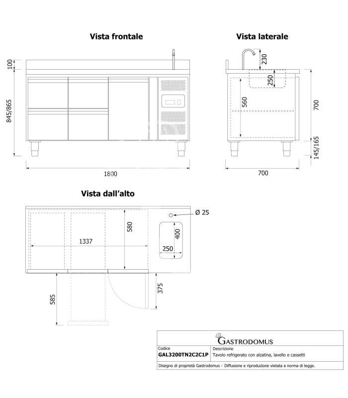 Mesa refrigerada 4 cajones 1 puerta con fregadero y peto , Prof.700 mm, Temp, +2ºC/+8ºC, grifo incluido