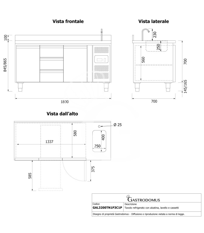 Mesa refrigerada 3 cajones 2 puertas con fregadero y peto , Prof. 700mm, Temp. +2ºC/+8ºC, grifo incluido