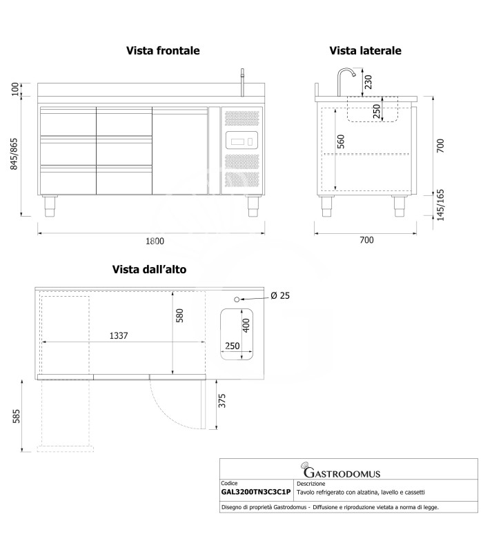Mesa refrigerada con fregadero con 6 cajones, 1 puerta y peto, profundidad 700 mm, temp. +2°C/+8°C, con grifo