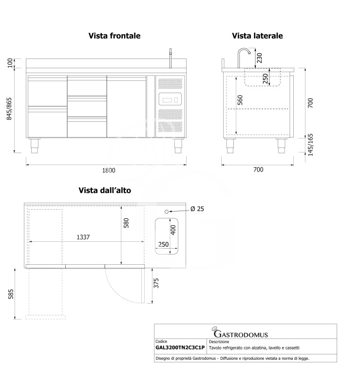 Mesa refrigerada con fregadero 5 cajones, 1 puerta y peto, prof. 700 mm, temp. +2°C/+8°C, incluye grifo