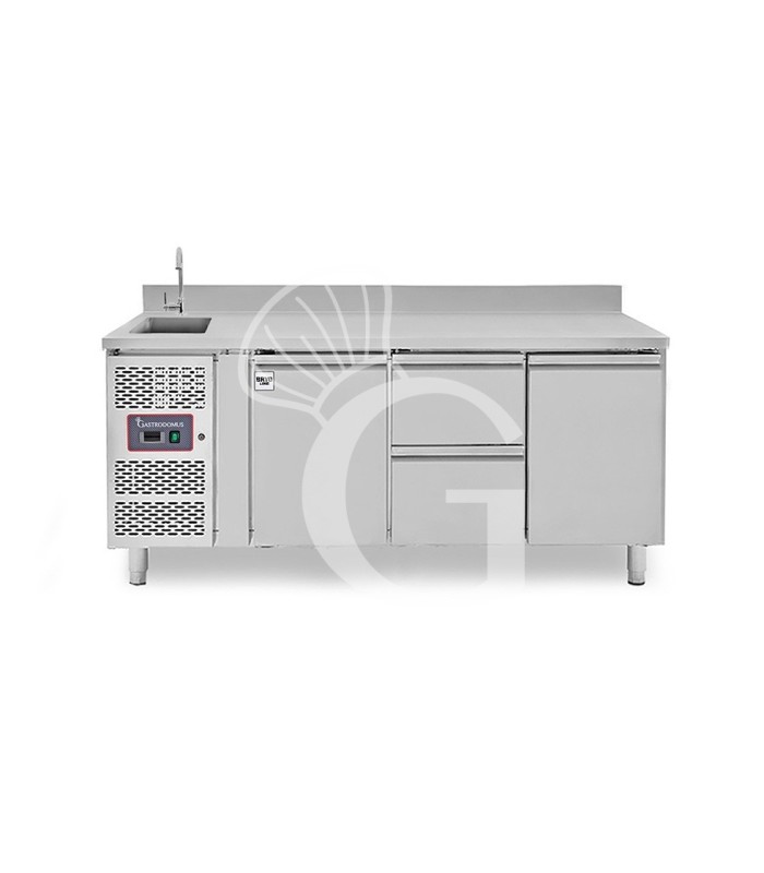 Mesa refrigerada 2 cajones 2 puertas con fregadero y peto , motor lado izquierdo Prof.700 mm, Temp. +2ºC/+8ºC, grifo incluido