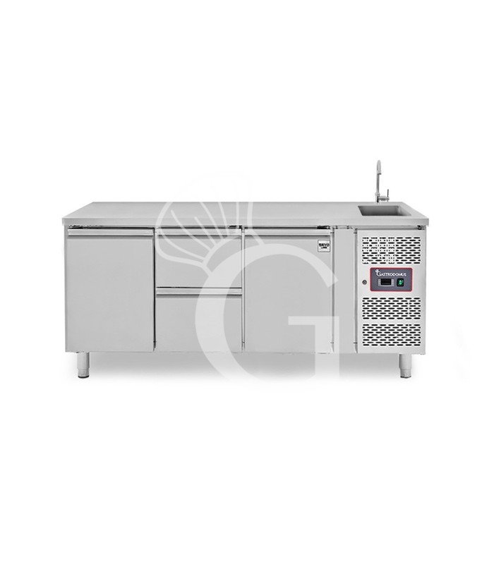 Mesa refrigerada 2 cajones 2 puertas con fregadero, Prof. 700 mm, Temp. +2ºC/+8ºC , grifo  incluido