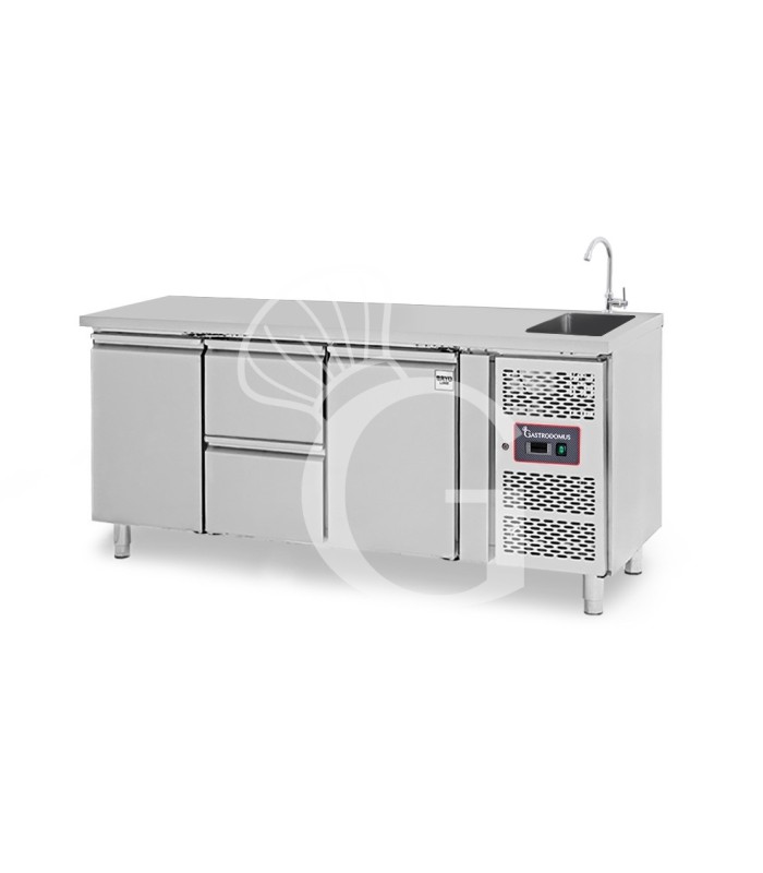 Mesa refrigerada 2 cajones 2 puertas con fregadero, Prof. 700 mm, Temp. +2ºC/+8ºC , grifo  incluido