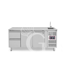 Mesa refrigerada 2 cajones 2 puertas con fregadero, Prof. 700 mm, Temp. +2ºC/+8ºC, grifo incluido
