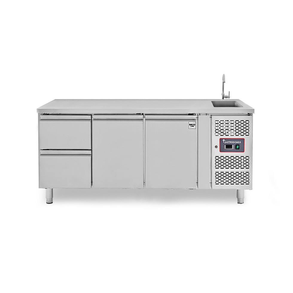 Mesa refrigerada 2 cajones 2 puertas con fregadero, Prof. 700 mm, Temp. +2ºC/+8ºC, grifo incluido