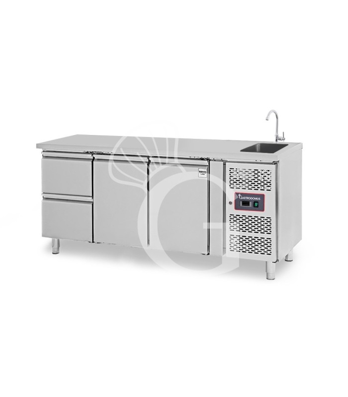 Mesa refrigerada 2 cajones 2 puertas con fregadero, Prof. 700 mm, Temp. +2ºC/+8ºC, grifo incluido