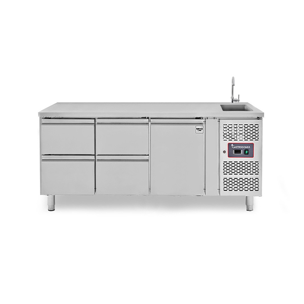 Mesa refrigerada 4 cajones 1 puerta con fregadero , Prof. 700 mm, Temp. +2ºC/ +8ºC , grifo incluido