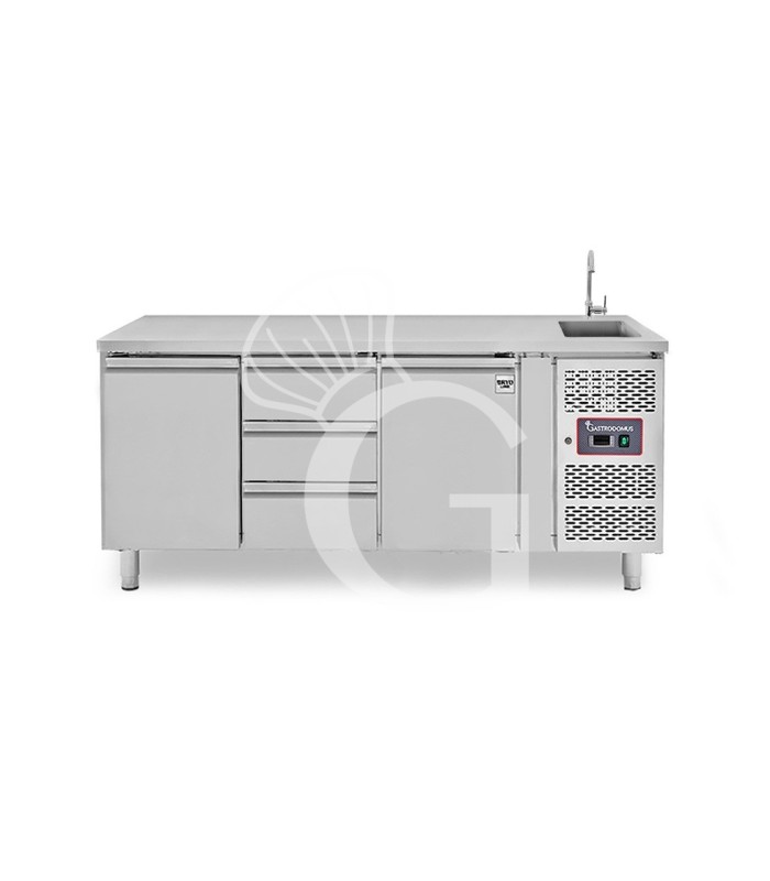 Mesa refrigerada 3 cajones 2 puertas con fregadero, Prof. 700 mm, Temp. +2ºC/8ºC, grifo incluido