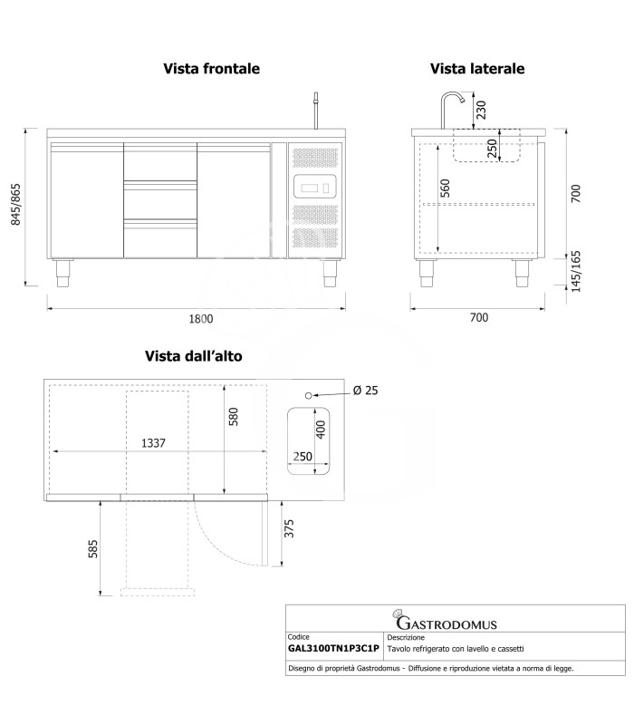 Mesa refrigerada 3 cajones 2 puertas con fregadero, Prof. 700 mm, Temp. +2ºC/8ºC, grifo incluido