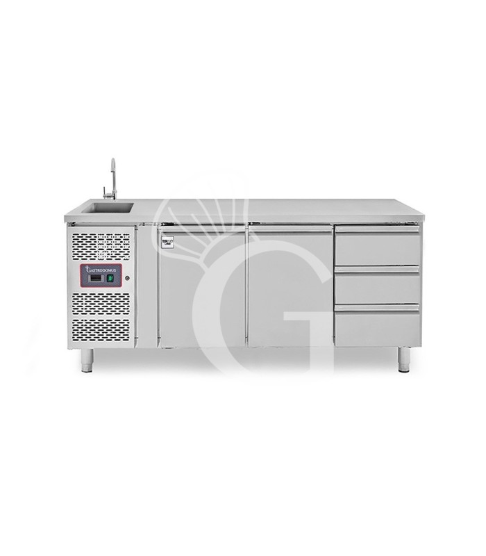 Mesa fregadero armariada refrigerada con 3 cajones a la derecha, 2 puertas, fregadero, motor a la izquierda, P 700 mm, +2°C/+8°C