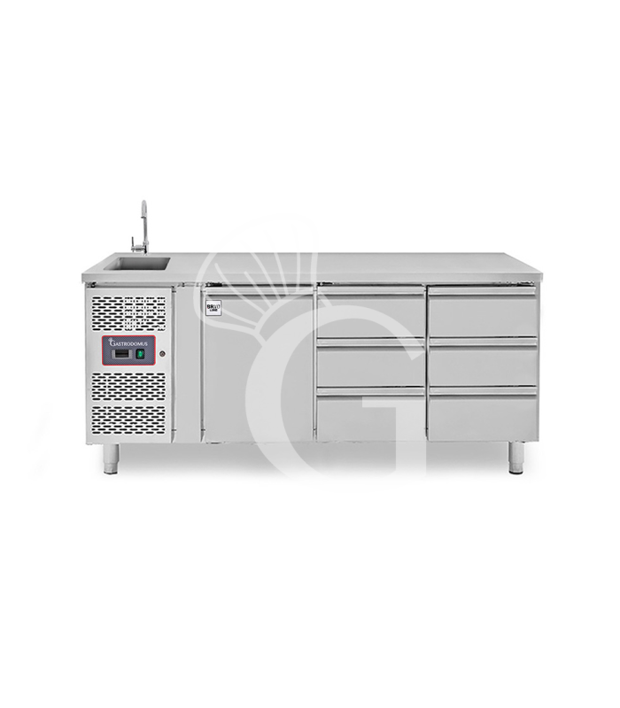 Mesa armariada refrigerada con 6 cajones a la derecha y 1 puerta, fregadero y grifo, motor a la izquierda, P 700 mm, +2°C/+8°C