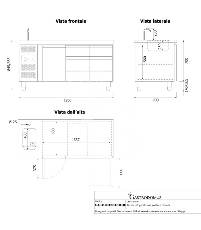 Mesa armariada refrigerada con 6 cajones a la derecha y 1 puerta, fregadero y grifo, motor a la izquierda, P 700 mm, +2°C/+8°C