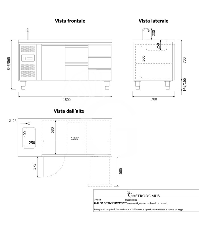Mesa refrigerada con 5 cajones y 1 puerta con fregadero, motor a la izquierda, P 700 mm, +2°C/+8°C, con grifo