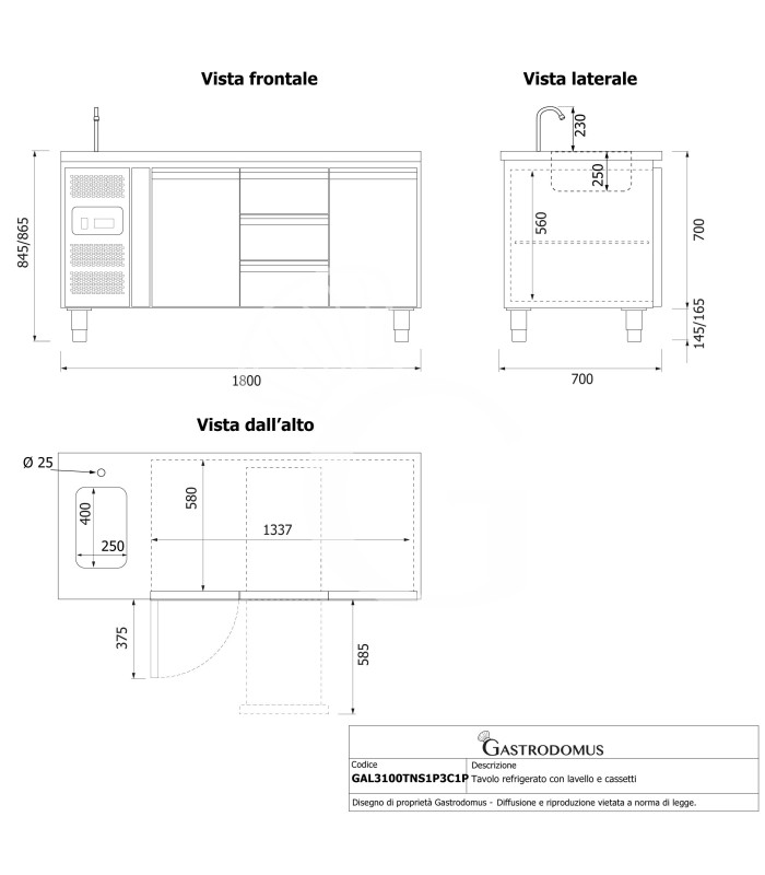 Mesa fregadero refrigerada con 3 cajones centrales, 2 puertas, fregadero, grifo, motor a la izquierda, P 700 mm, +2°C/+8°C