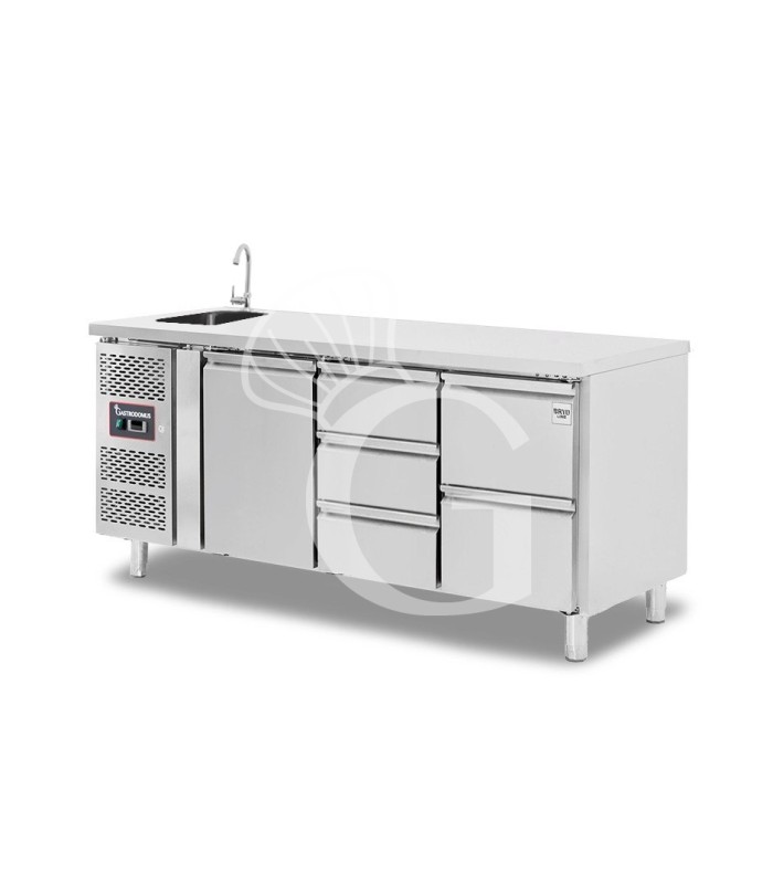 Mesa fregadero armariada refrigerada con 5 cajones y 1 puerta, motor a la izquierda, P 700 mm, +2°C/+8°C, con grifo