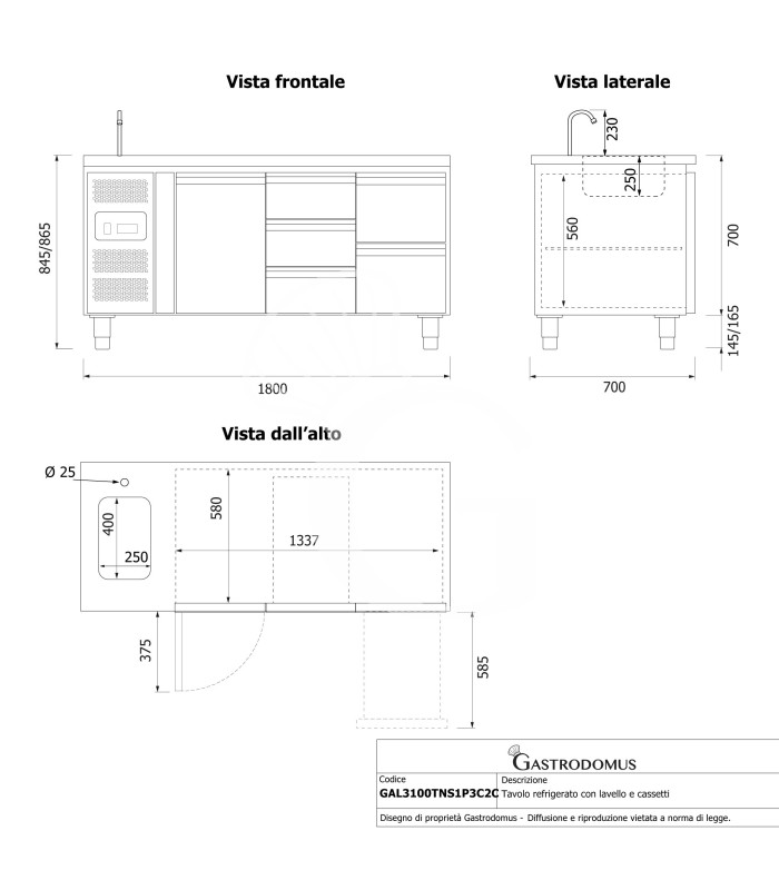 Mesa fregadero armariada refrigerada con 5 cajones y 1 puerta, motor a la izquierda, P 700 mm, +2°C/+8°C, con grifo
