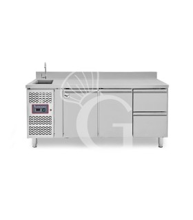 Mesa refrigerada 2 cajones 2 puertas con fregadero y peto, motor lado izquierdo Prof. 700 mm, Temp. +2ºC/+8ºC, grifo incluido