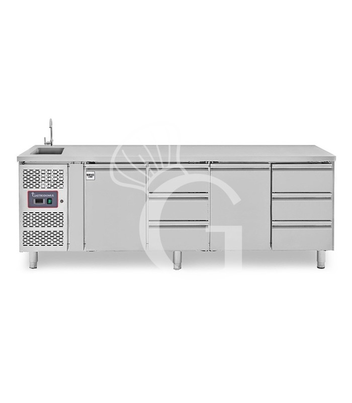 Mesa refrigerada 7 cajones 1 puerta con fregadero, motor a la izquierda, profundidad 700 mm, temperatura +2°C/+8°C, con grifo