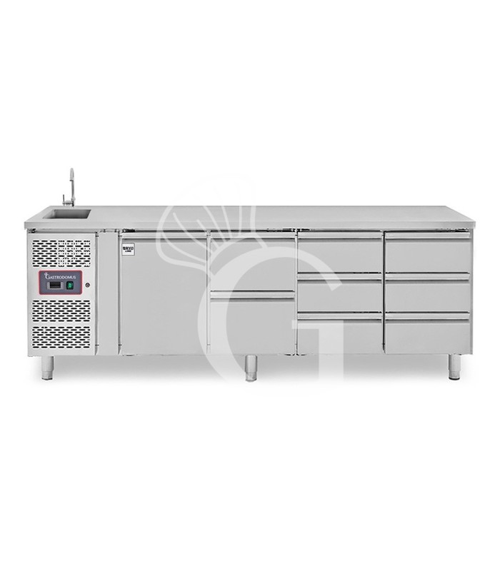 Mesa refrigerada con 6 cajones de 1/3, 2 cajones 1/2, 1 puerta con fregadero, grifo, P 700 mm, +2 °C/+8 °C, motor a la izquierda