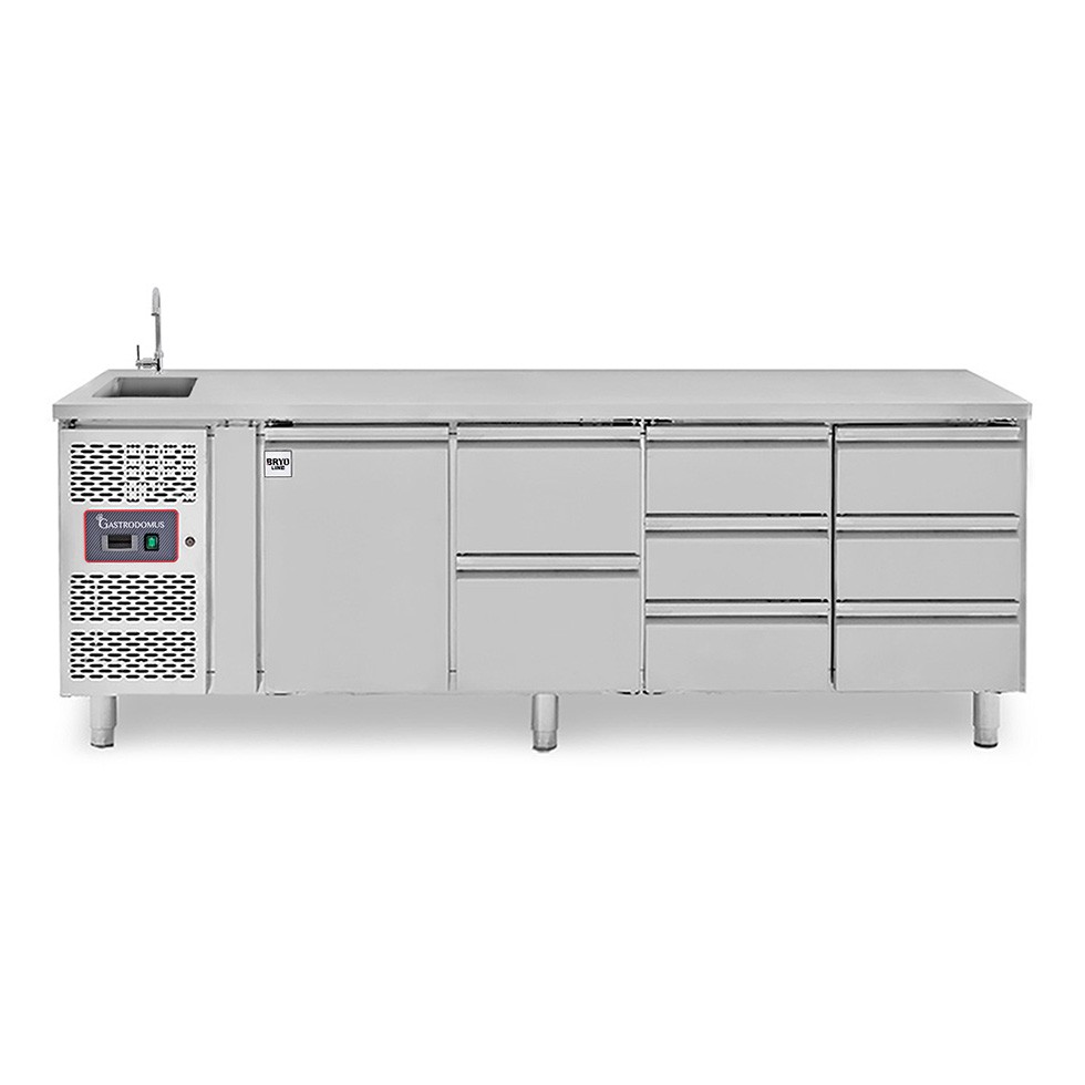 Mesa refrigerada con 6 cajones de 1/3, 2 cajones 1/2, 1 puerta con fregadero, grifo, P 700 mm, +2 °C/+8 °C, motor a la izquierda