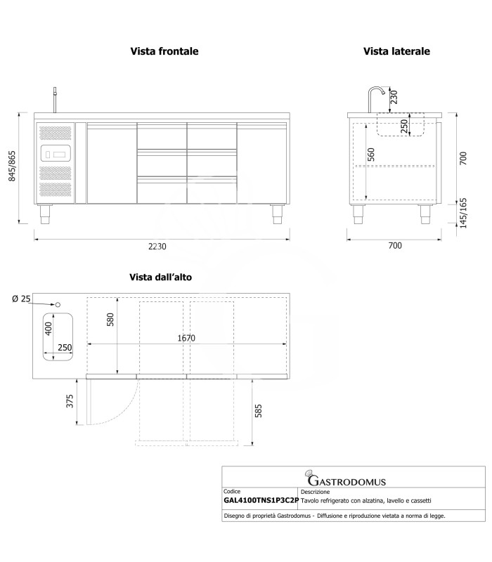 Mesa refrigerada con fregadero - 6 cajones 2 puertas - motor a la izquierda, Prof. 700 mm, temp. +2°C/+8°C, con grifo