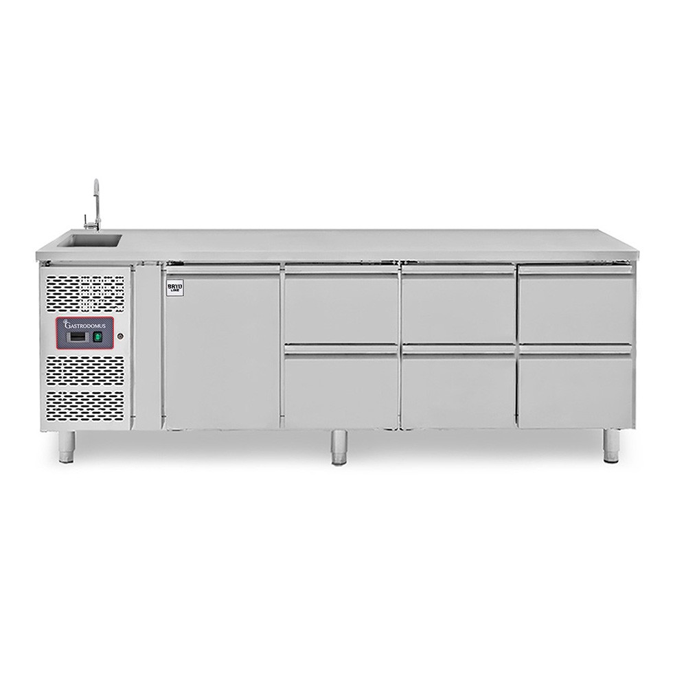 Mesa refrigerada con fregadero - 6 cajones 1 puerta, motor a la izquierda, prof. 700 mm, temperatura +2°C/+8°C, con grifo