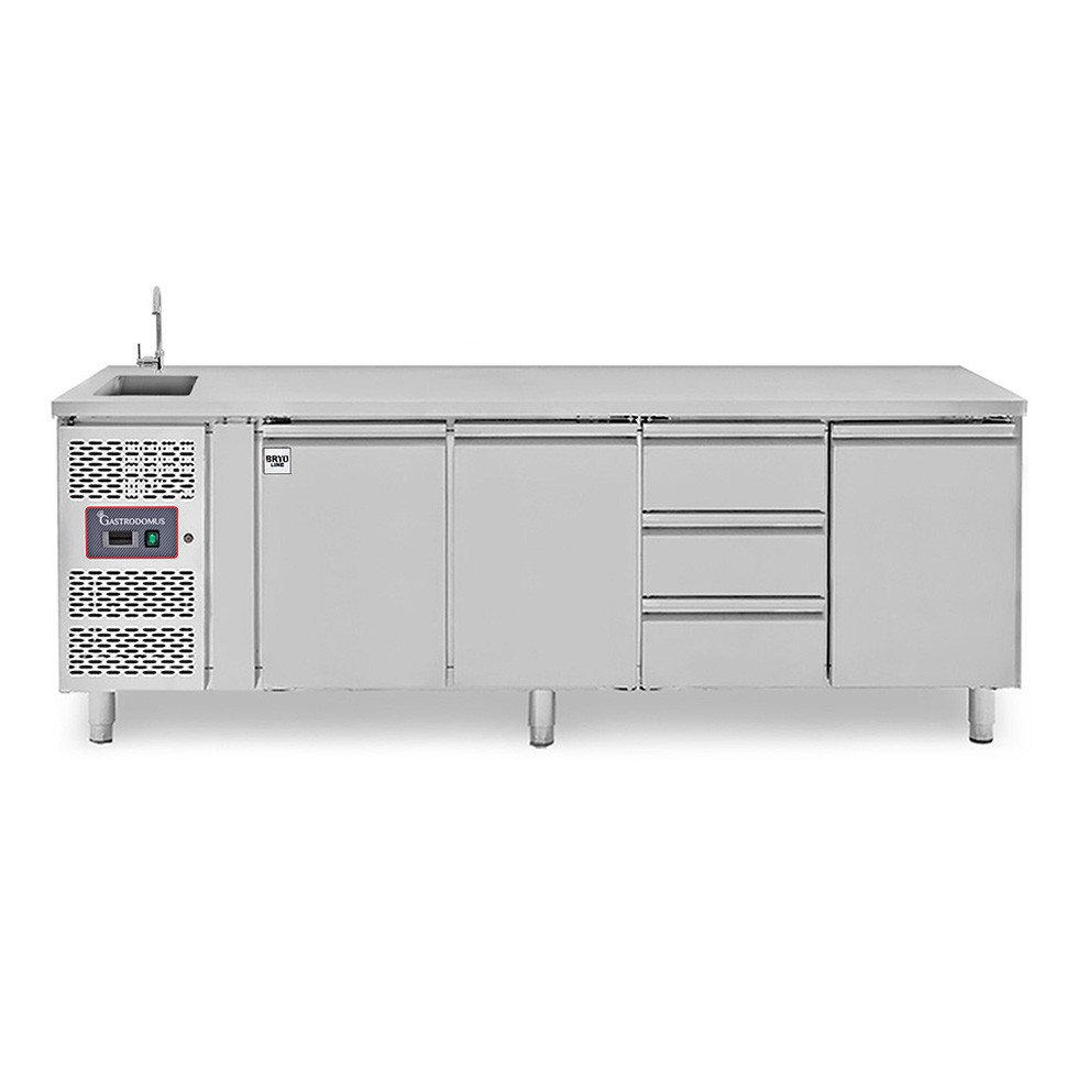 Mesa refrigerada con fregadero - 3 cajones y 3 puertas, motor a la izquierda, Prof. 700 mm, temp. +2°C/+8°C, con grifo