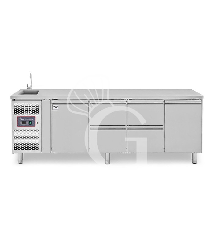 Mesa refrigerada con fregadero 4 cajones 2 puertas - motor a la izquierda, Prof. 700 mm, temp. +2°C/+8°C, con grifo