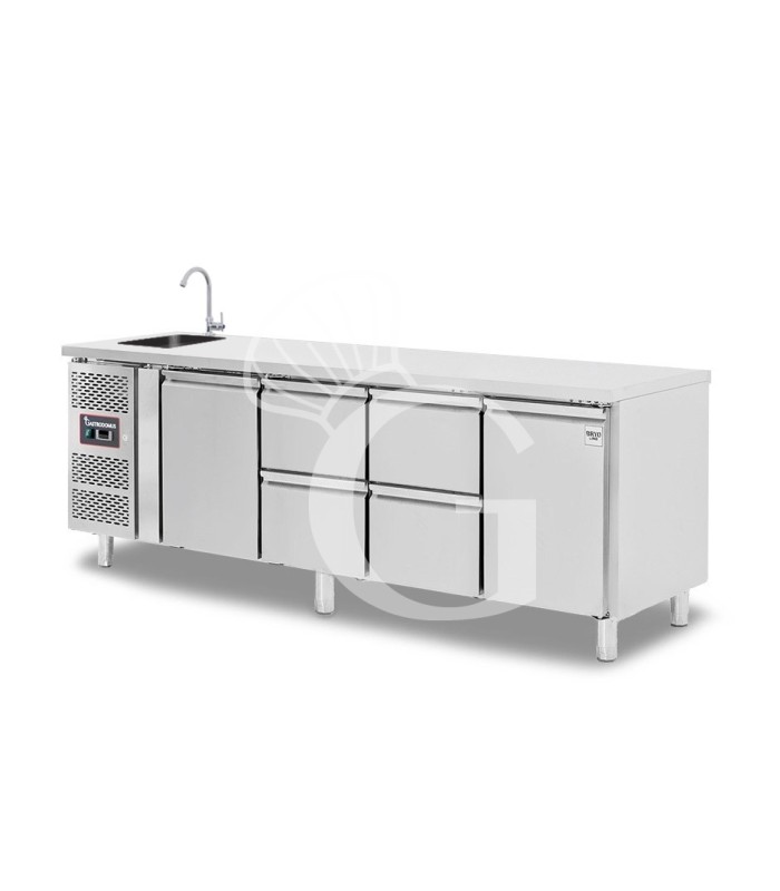 Mesa refrigerada con fregadero 4 cajones 2 puertas - motor a la izquierda, Prof. 700 mm, temp. +2°C/+8°C, con grifo